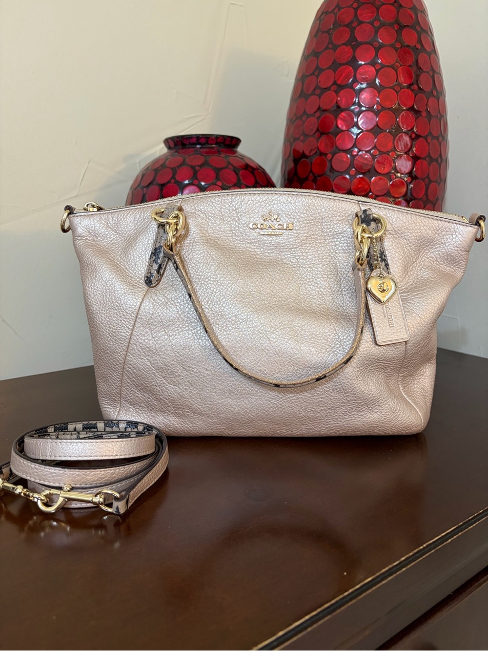 Coach Small Kelsey Beige Metallic Leather Satchel with Exotic Trim